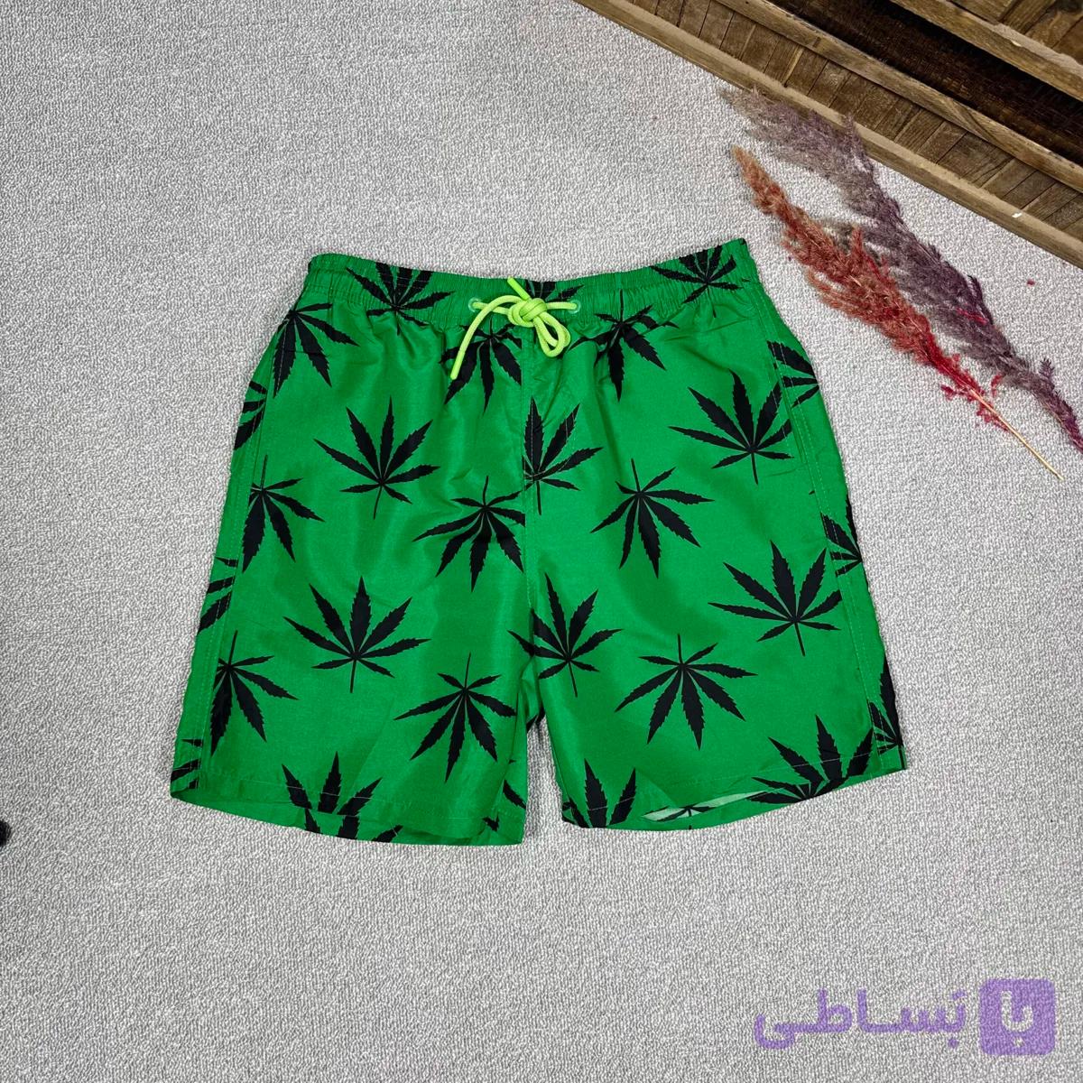 شلوارک مموری وارداتی طرح برگ رنگ سبز — تصویر 1