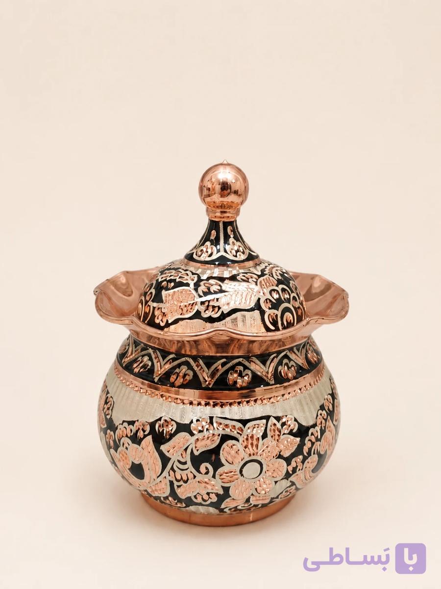 قندان مسی نقره‌کوب درب‌دار طرح گل