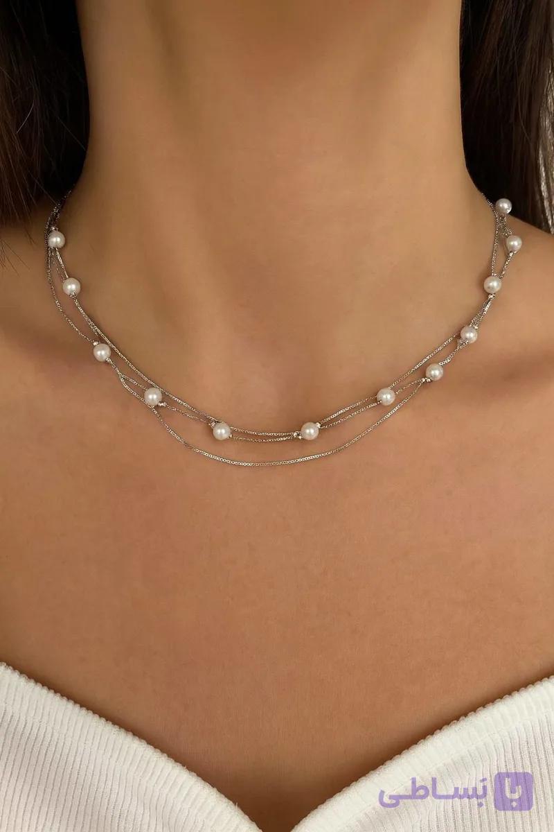 گردنبند زنانه سه رج مروارید نقره ایتالیایی عیار 925 طراحی لوکس و اصیل