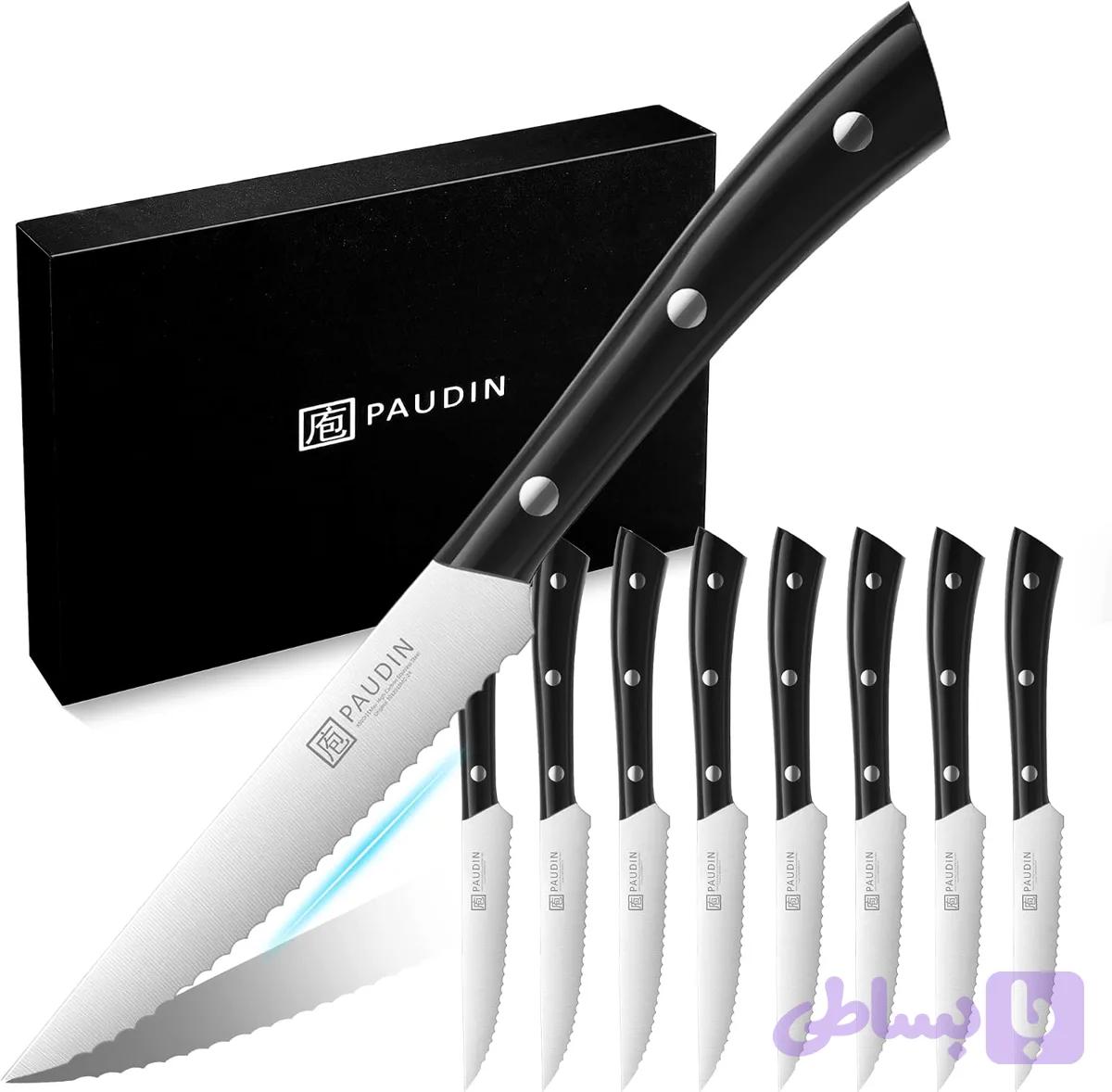 چاقوهای استیک آلمانی PAUDIN Premium از جنس استیل ضد زنگ، مجموعه 8 عددی، تیغه دندانه دار فوق العاده تیز و دسته ارگونومیک — تصویر 1