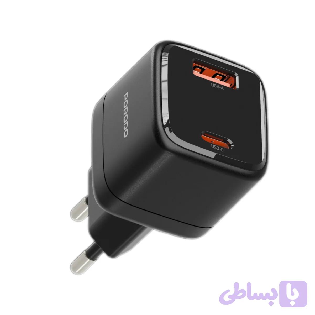 آداپتور شارژ سریع ۲۵ وات Porodo Viktor مدل PD805 با پورت USB-C و USB-A