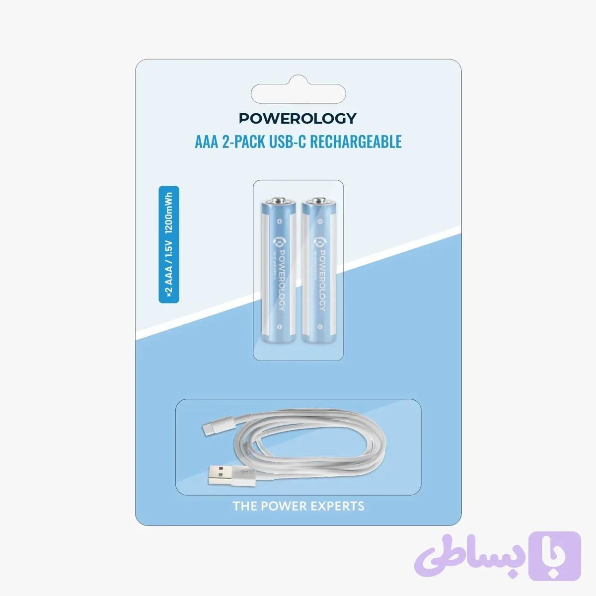 باتری شارژی پاورولوژی Powerology مدل AA و AAA با درگاه USB-C بسته ۲ عددی