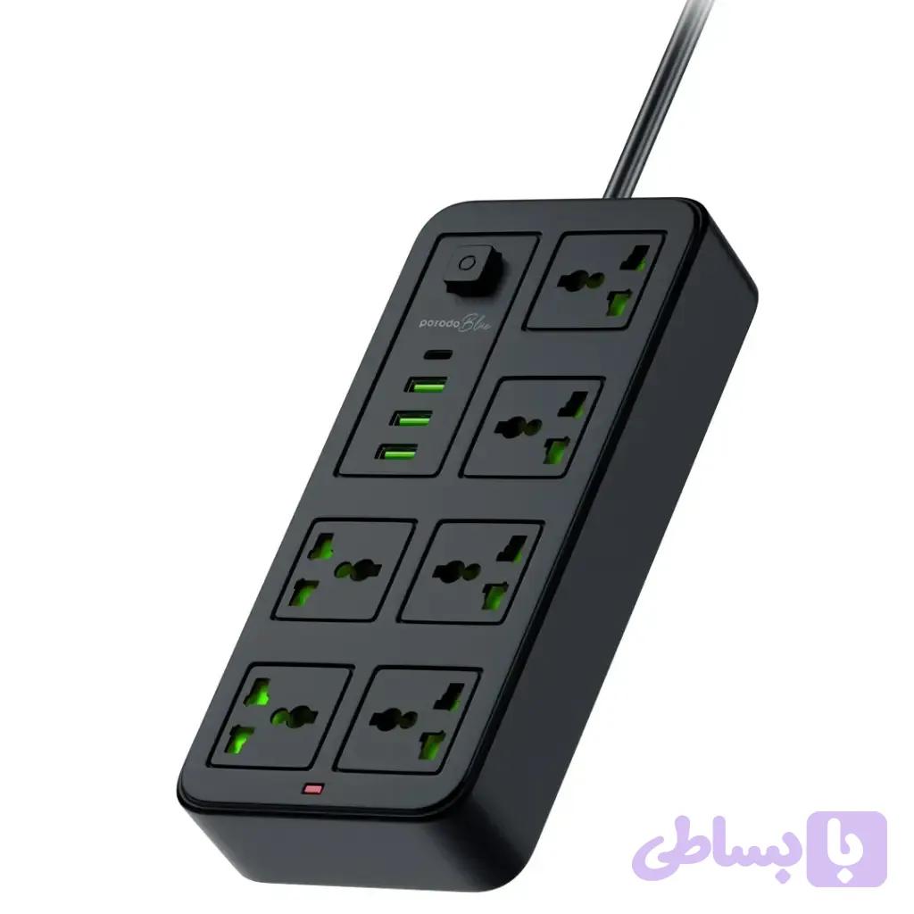 چندراهی برق ۶ خانه یونیورسال Porodo Blue مدل PB6ACPS1C3ABK با کابل ۳ متری