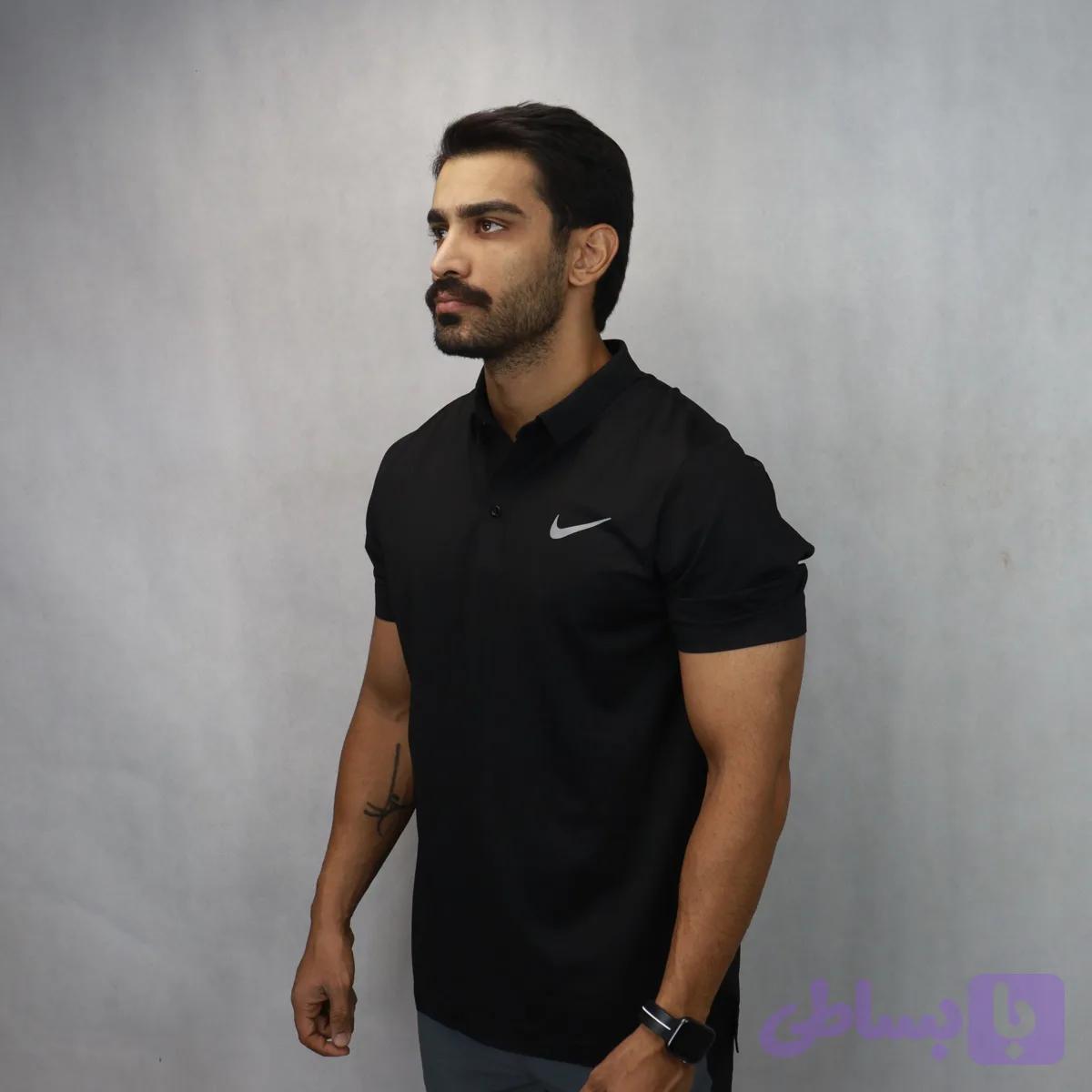 تیشرت یقه دار مردانه طرح نایک اورجینال مشکی — تصویر 1