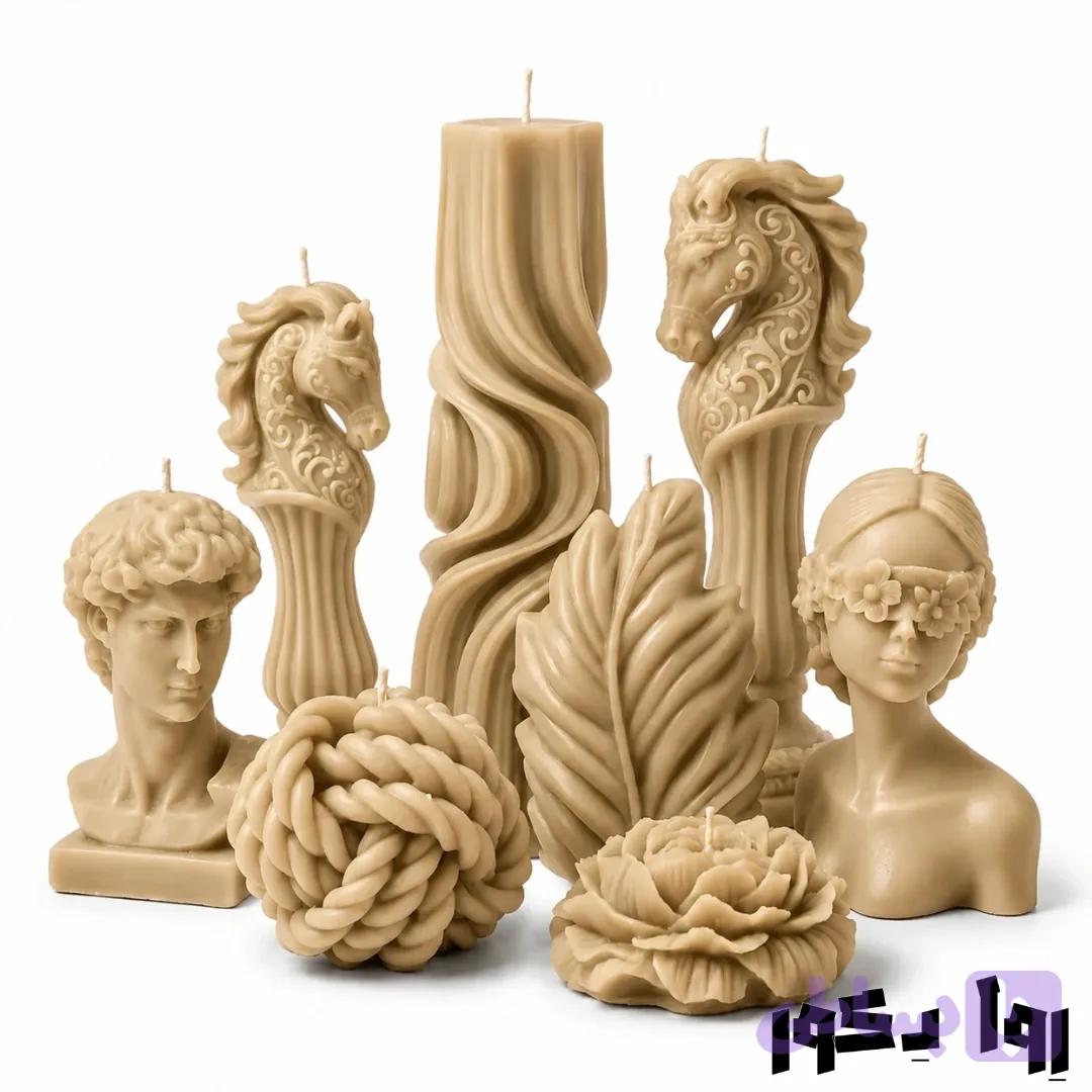 مجموعه شمع دکوراتیو لوکس مدل کلاسیو؛ پکیج ۸ پارچه تندیس‌ های هنری و ژورنالی کرم نود — تصویر 1