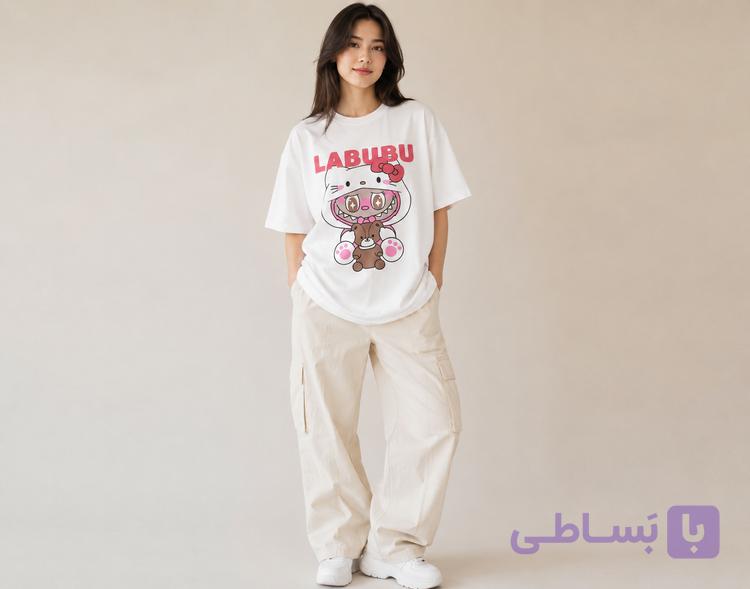 تیشرت باکسی زنانه لبو بو فری سایز رنگ‌ مشکی و سفید
