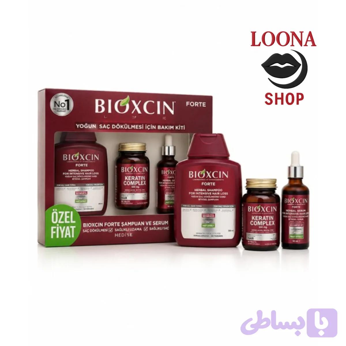 پک ضدریزش قوی بیوکسین مدل فورت قرمز شامل شامپو 300میل و مکمل 60عددی و سرم مو 50میل BIOXCIN — تصویر 1