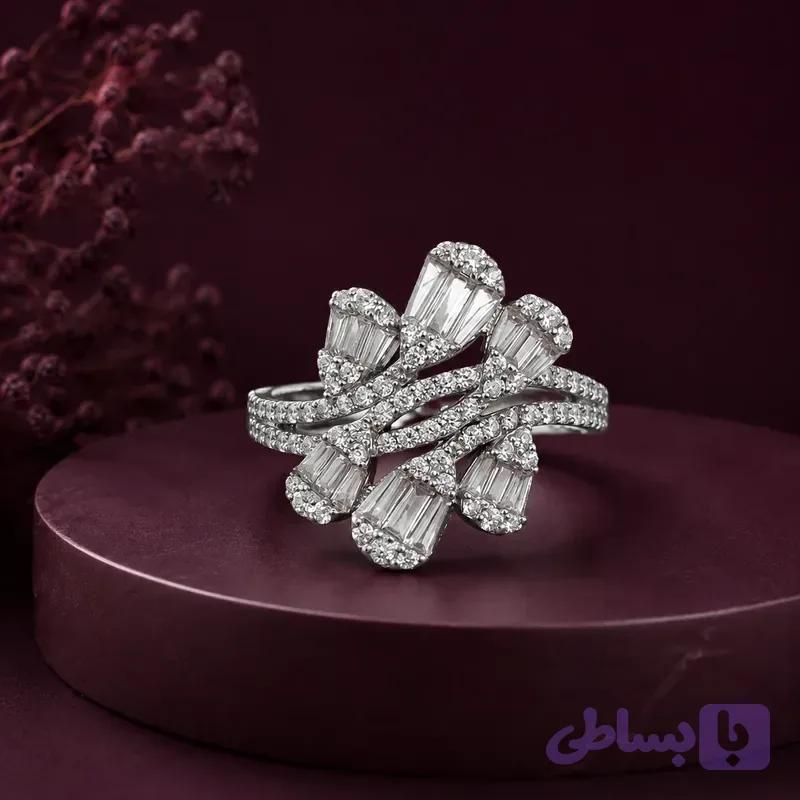 انگشتر نقره زنانه طرح شش گل باگت — تصویر 1
