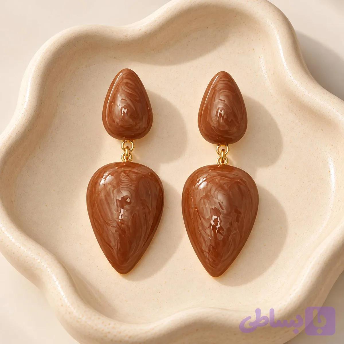 گوشواره آویز طرح سنگی مدل اشکی دو تکه قهوه‌ای شکلاتی — تصویر 1