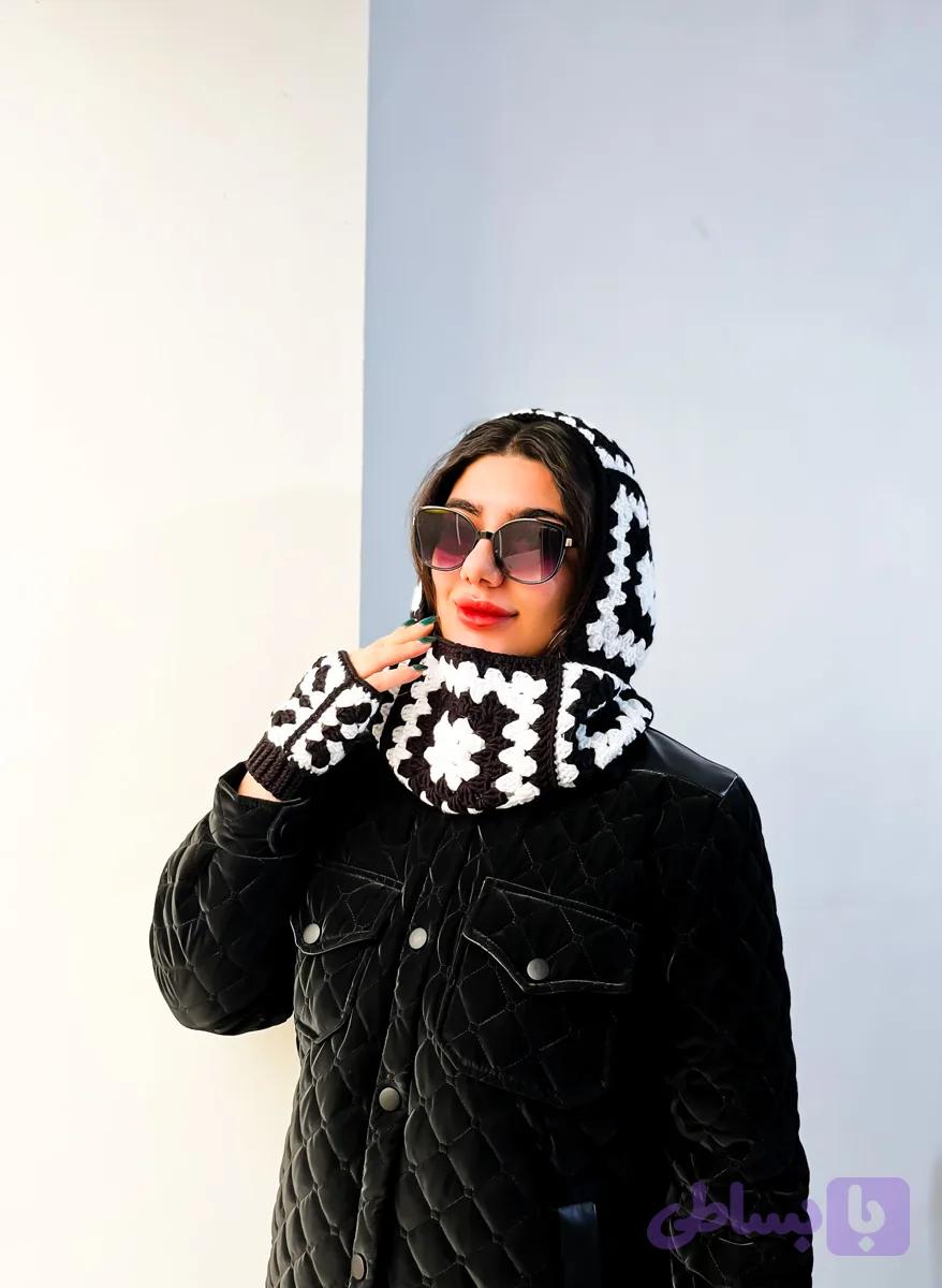 ست بالاکلاوا و دستکش سیاه سفید زنانه قلاب بافتی دستبافت