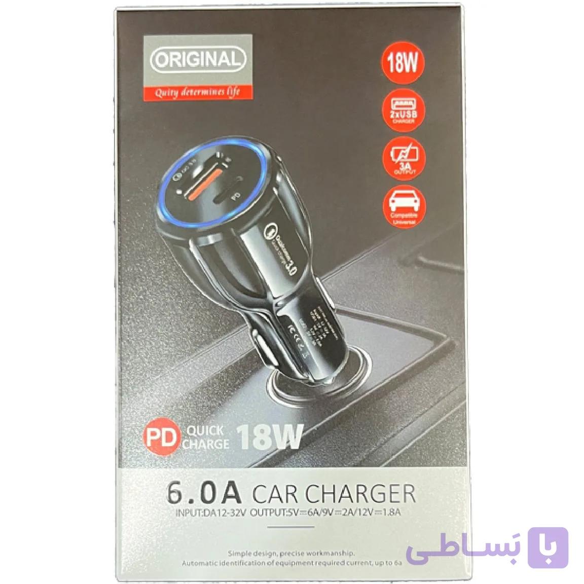 شارژر فندکی ۱۸ وات اورجینال سفید | فست شارژ دو پورت USB-C و تایپ سی — تصویر 1