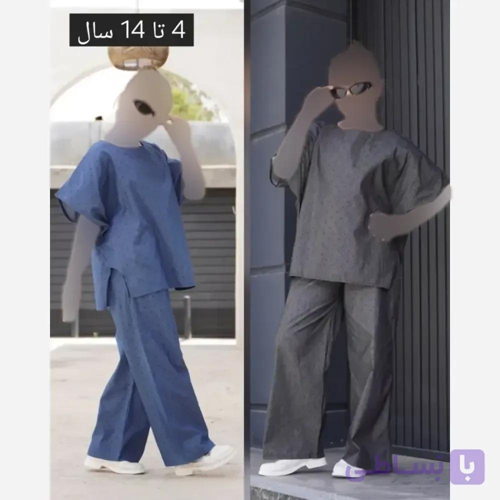 ست کراپ و شلوار جین نگینی دخترانه جنس لی کاغذی خارجی مناسب 4 تا 14 سال