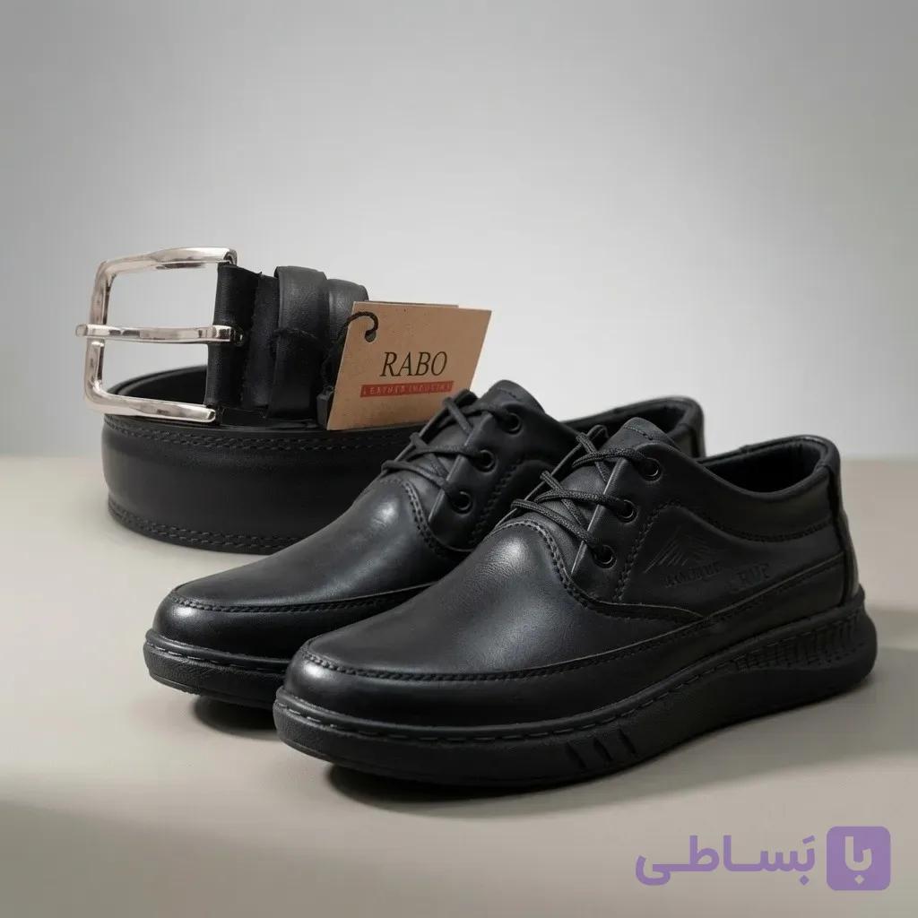 ست کفش مردانه بندی سوگو و کمربند 3.5 سانت سگک استیل مشکی