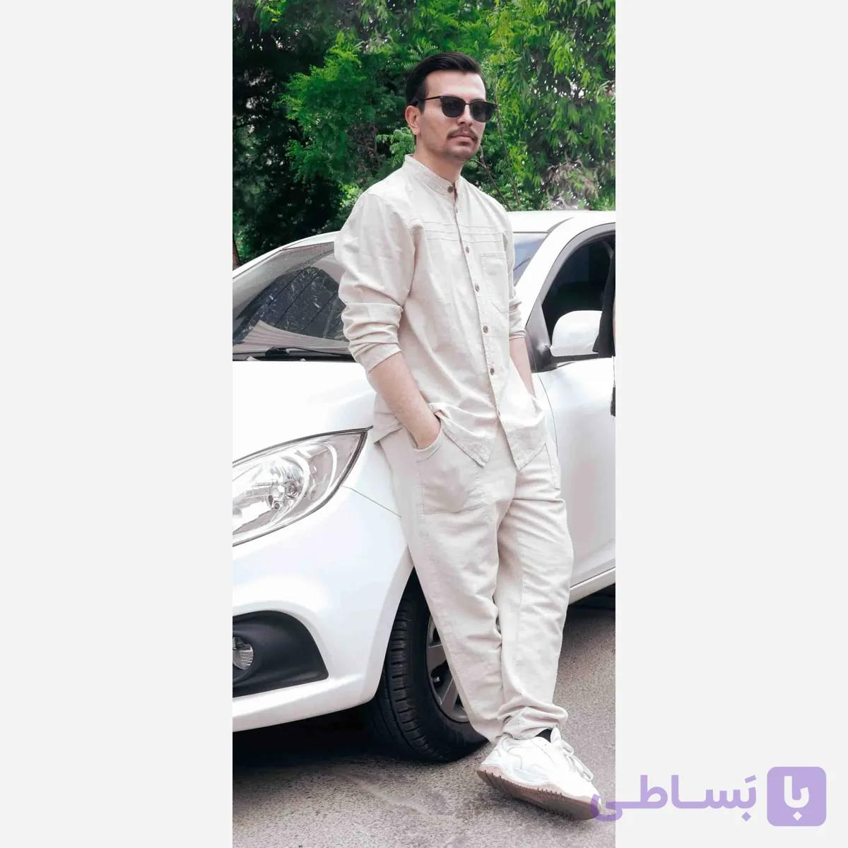 پیراهن مردانه الیاف طبیعی تمام دکمه سه خط رنگ استخوانی