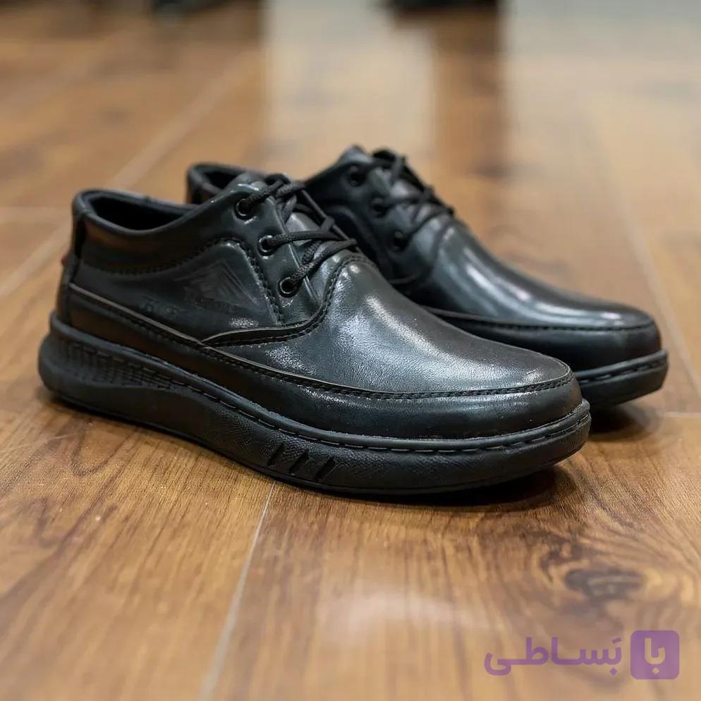 کفش طبی مردانه چرم مدل تحسین بندی رنگ مشکی با زیره پلیمر لژدار و دور دوخت