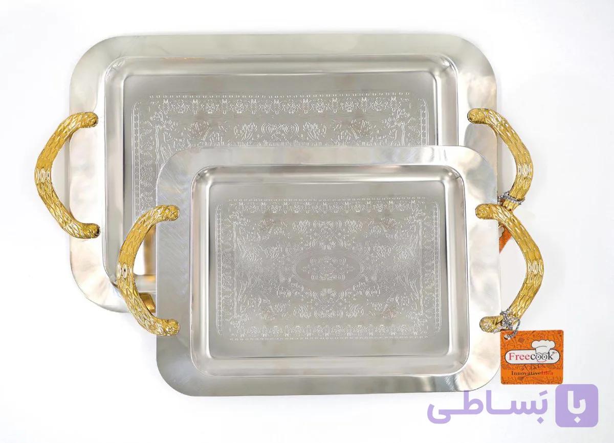 سینی مستطیل جفتی دسته طلایی (دسته پوست ماری)