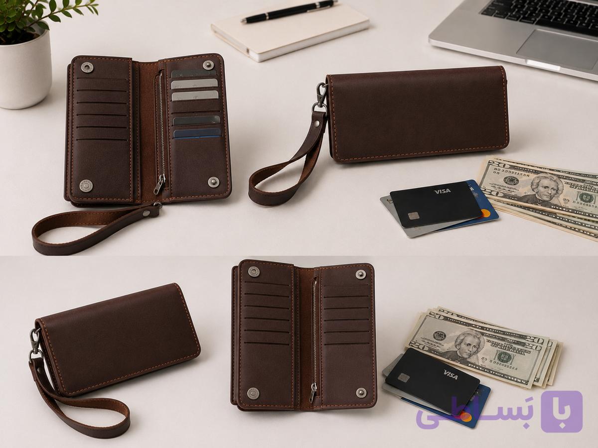 کیف پول کیهان دست‌دوز چرم گاوی قهوه ای