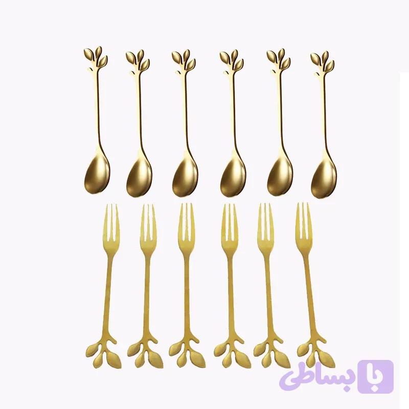 سرویس قاشق چنگال 12 پارچه طلایی مینی طرح برگ — تصویر 1