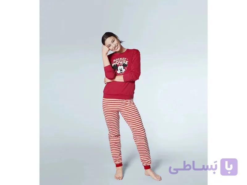 ست تیشرت و شلوار راحتی زنانه دیزنی طرح میکی موس، نخی ۱۰۰٪، راه‌راه قرمز