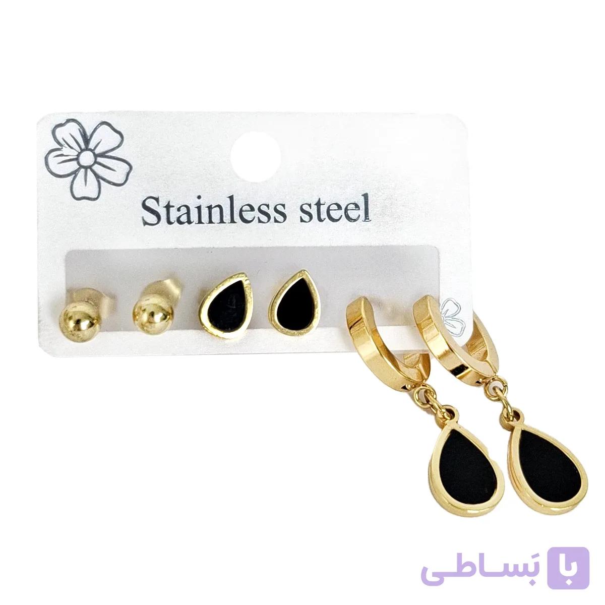 گوشواره سه جفتی مشکی طرح مربع کد 155
