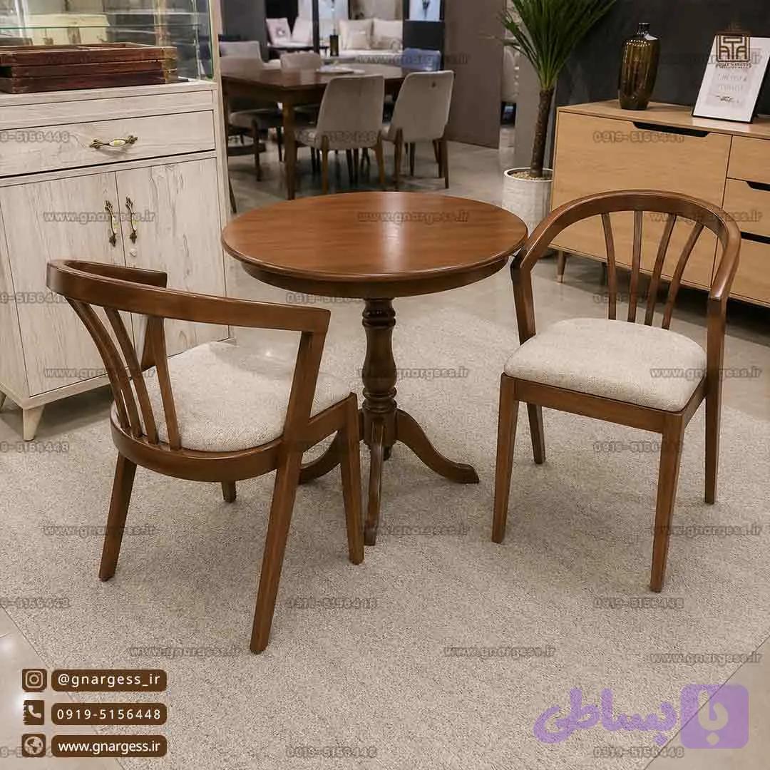 میز غذا خوری چوبی 2 نفره سبدی با میز آرزو — تصویر 1