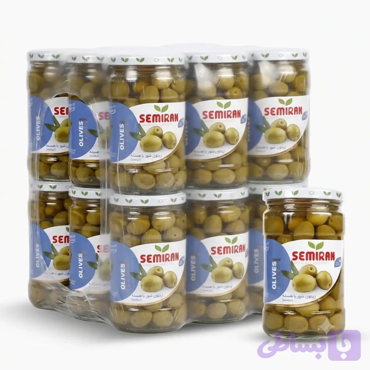 زیتون شور با هسته درشت سمیران شیشه 670 گرمی بسته 12 عددی — تصویر 1