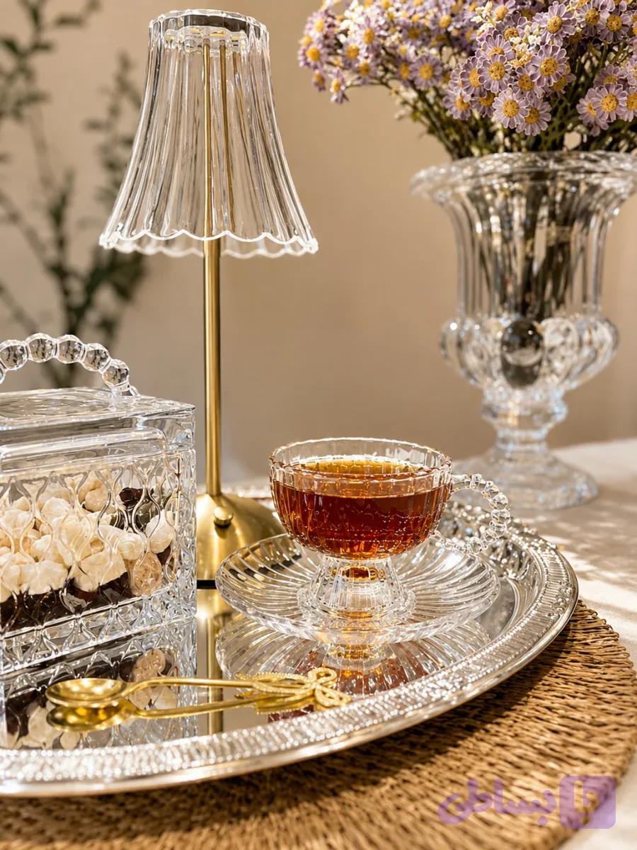 فنجان نعلبکی بلوری دسته مرواریدی | وارداتی — تصویر 1