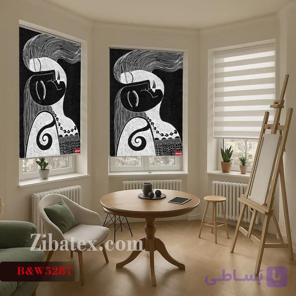 پرده شید چاپی طرح انتزاعی دختر سیاه سفید کد B&W 5287 — تصویر 1