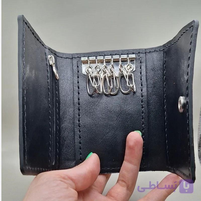 کیف پول چرم طبیعی گاو دستدوز مدل کیف کلید با جای کارت و سکه