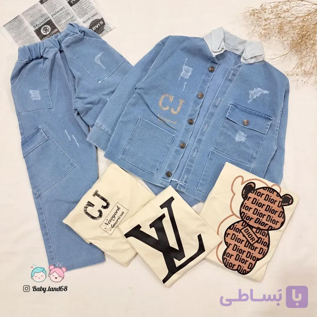 ست ۳ تیکه کت وشلوار جین و تیشرت بچگانه اسپرت سایزبندی ۴۵ تا ۶۰ مناسب ۴ تا ۱۰ سال .
