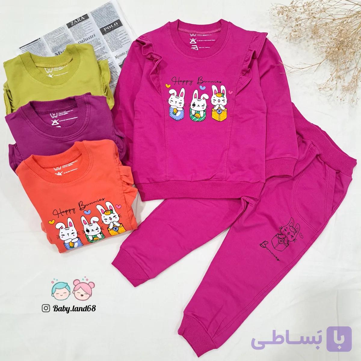 ست بلوز و شلوار بچگانه دخترانه چین دار ۲ تا ۹ سال سایز ۴۰ تا ۵۵ جنس پنبه طرح ۳ خرگوش
