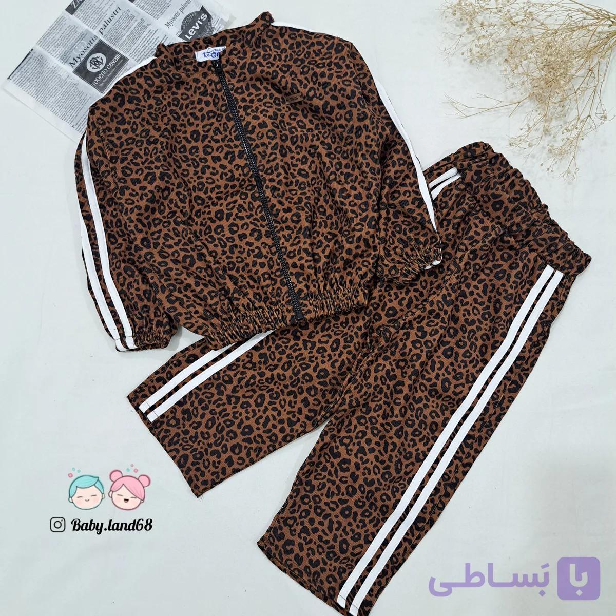 ست سویشرت و شلوار بگ پلنگی بچه گانه دخترانه سایز ۴۰ تا ۶۰ مناسب ۲ تا ۱۰ سال جنس مخمل کبریتی نوار دوزی برند طارم