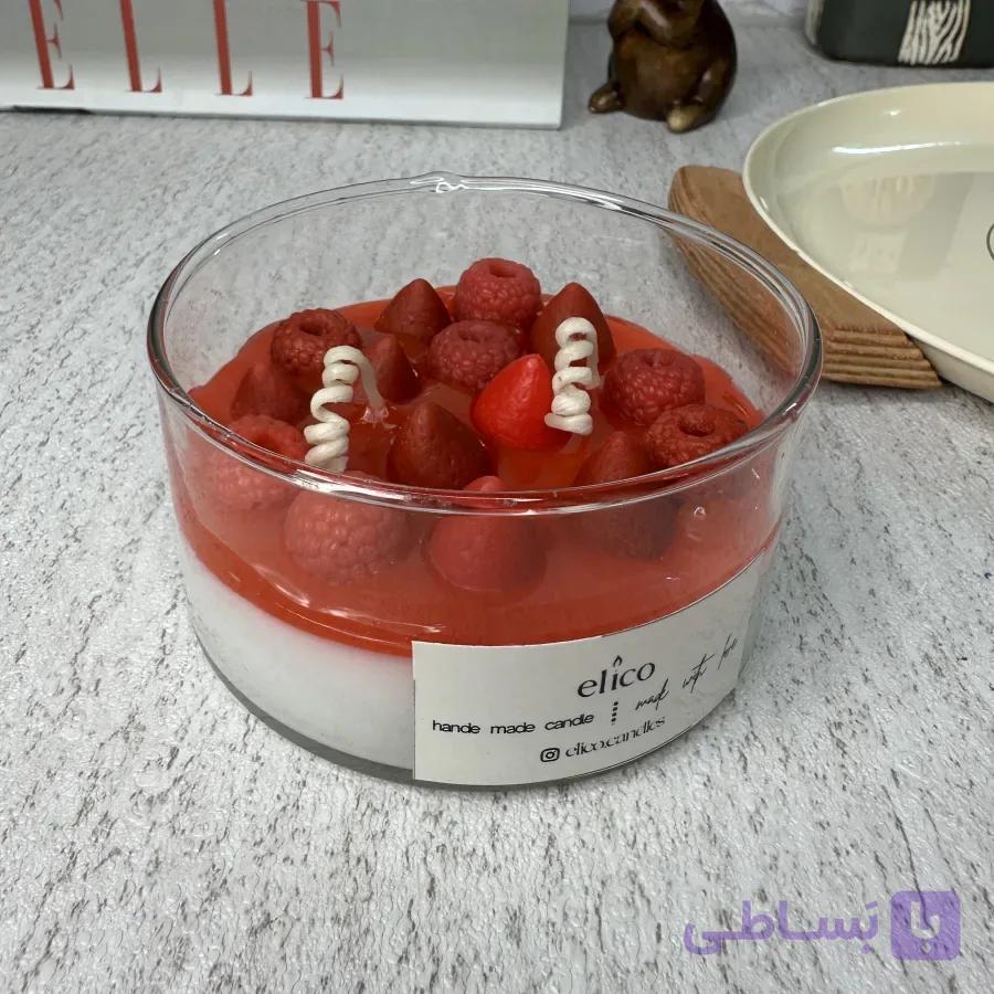 شمع لیوانی دسر توت‌فرنگی و رزبری (دو فتیله با پارافین ژله‌ای و ماکرووکس) — تصویر 1