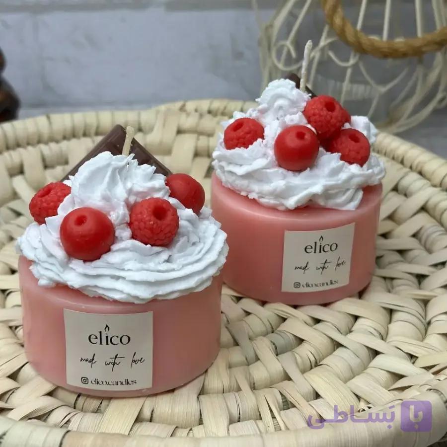 شمع کیک صورتی با خامه روسی (طرح رزبری و گیلاس) — تصویر 1