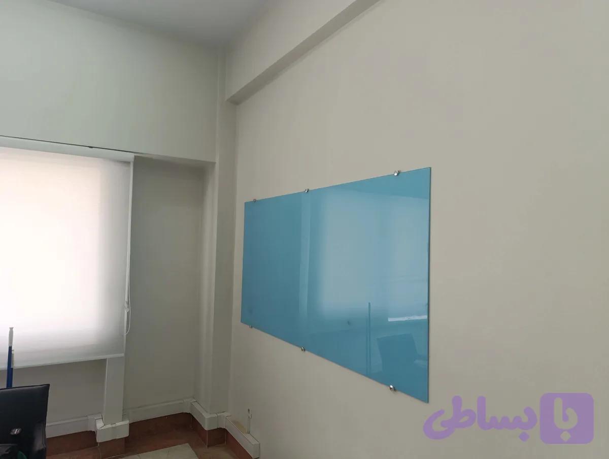 وایت برد شیشه ای سایز 200*100 تمام مغناطیسی رنگ ابی.