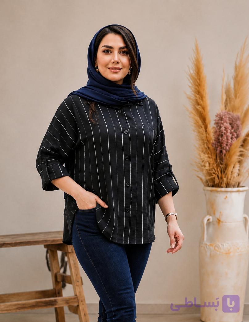 شومیز تک مشکی راه راه پاگون دار قواره دار 38 تا 52