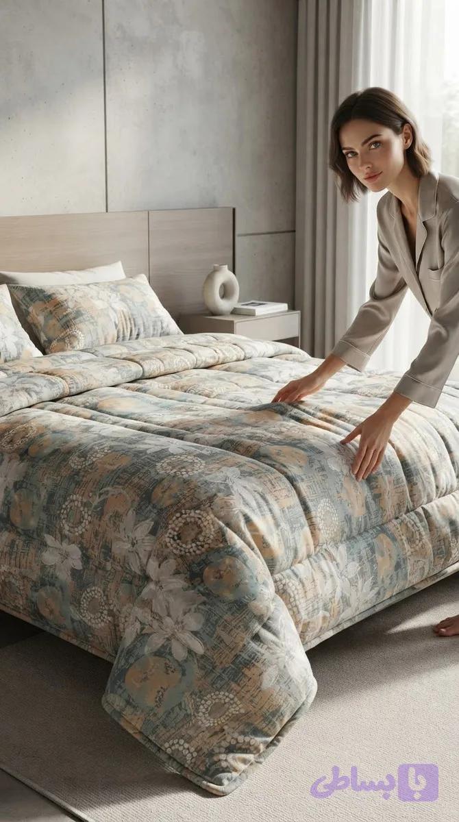پارچه ملحفه طرح گل ریز نسکافه ای وکرم میکرو فایبر عرض 240