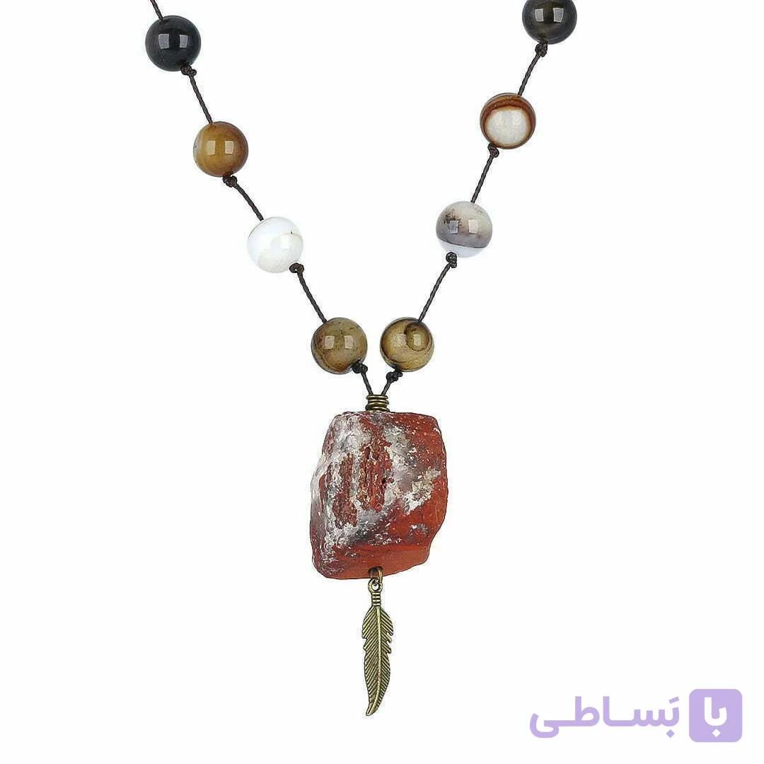 گردنبند تمام سنگ عقیق باباقوری با نقش و نگار زیبا و جاسپر قرمز راف (تراش نخورده) معدنی بسیار خاص طرح پر بافت گره ای — تصویر 1