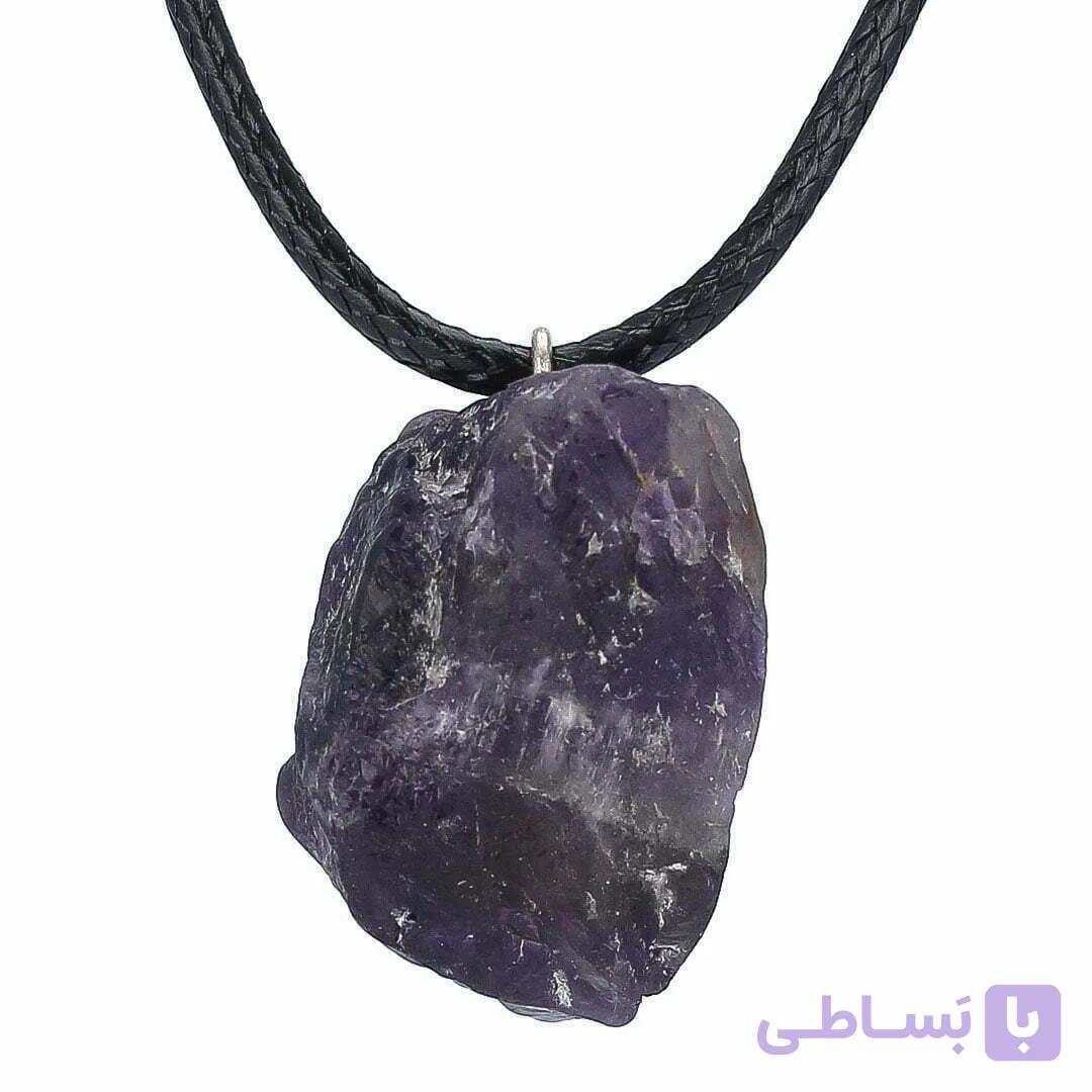 گردنبند آمتیست راف (تراش نخورده) معدنی تیره با نقش و نگار زیبا همراه بند چرمی تخصصی چاکرا 7 — تصویر 1