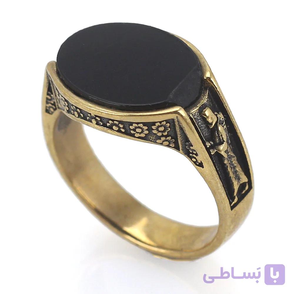 انگشتر طلا روس عقیق مشکی معدنی رکاب صفوی طراحی سیاه قلم — تصویر 1