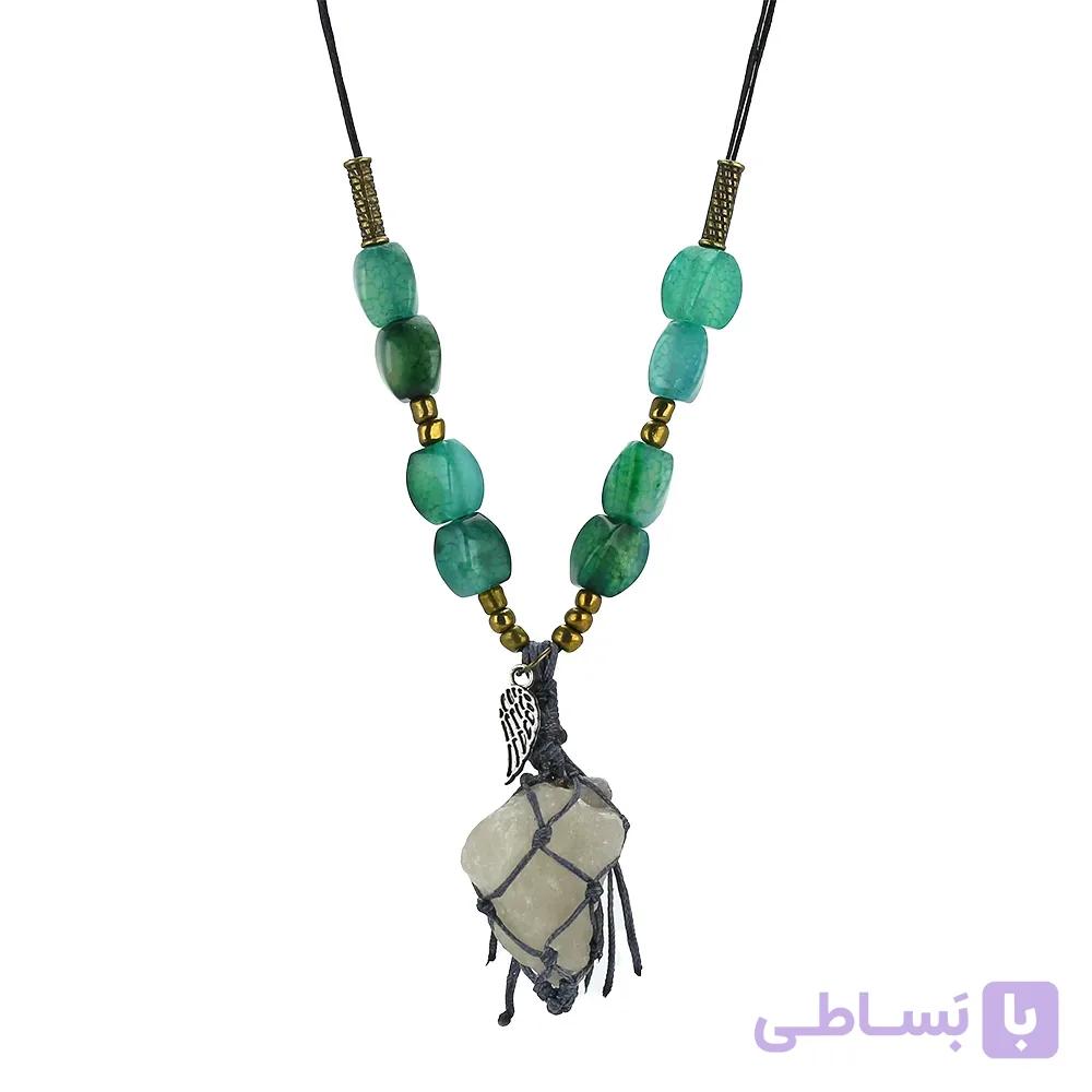 ‌گردنبند کریستال کوارتز راف (تراش نخورده) طبیعی سنگ درمانی بافت مکرومه طوسی همراه عقیق سبز سلیمانی تراش پیچ دستساز تخصصی هفت چاکرا آویز بال — تصویر 1
