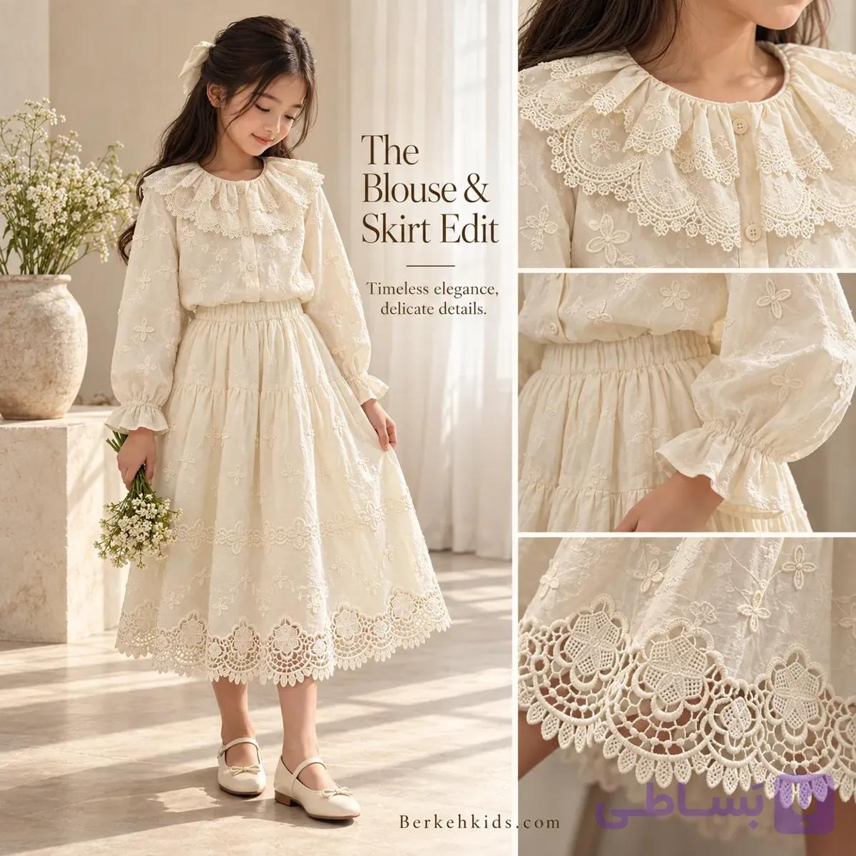 ست شومیز و دامن خامه دوزی دخترانه بچگانه مجلسی یقه چین‌دار (۸ تا ۱۵ سال) کد bk393 — تصویر 1