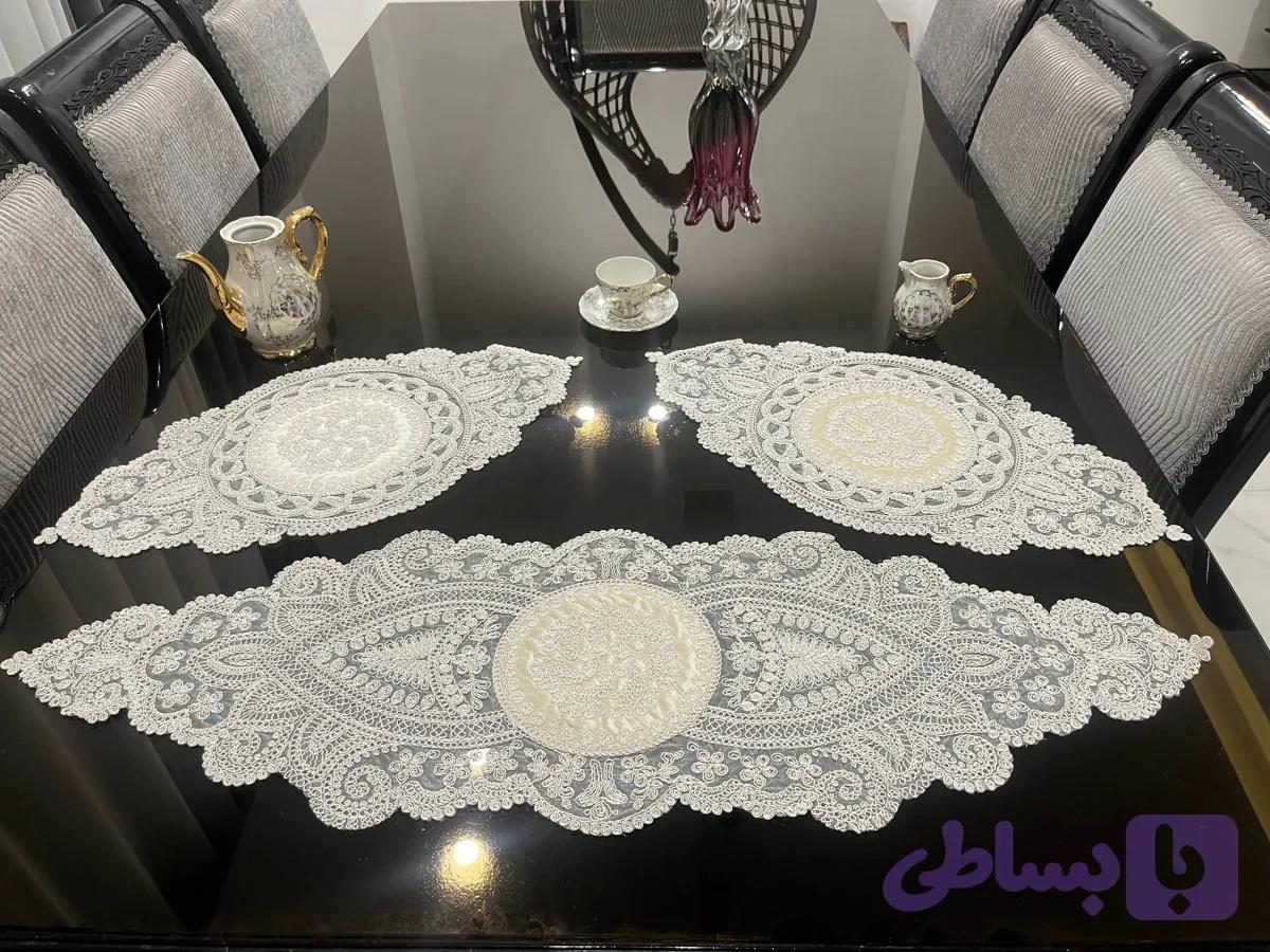 رومیزی ترک گیپور 3 تکه رنگ شیری