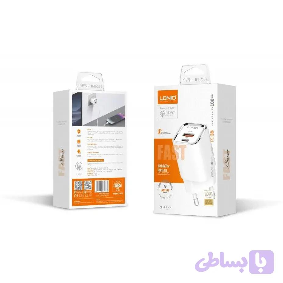 شارژر دیواری الدینیو مدل A2317C ظرفیت ۳۰ وات دو پورت — تصویر 1