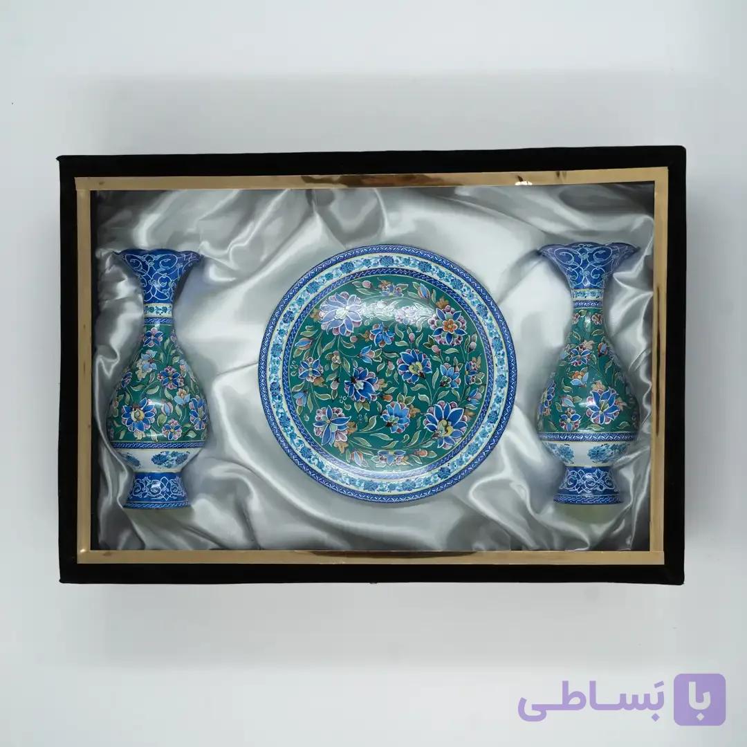 ست گلدان و بشقاب میناکاری سبزفام