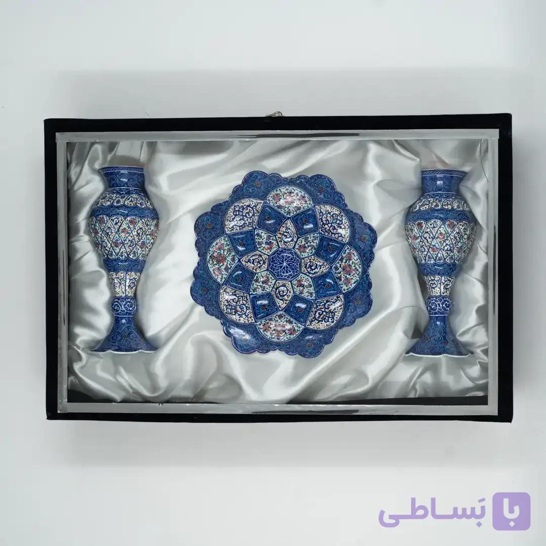 ست گلدان و بشقاب میناکاری ابی