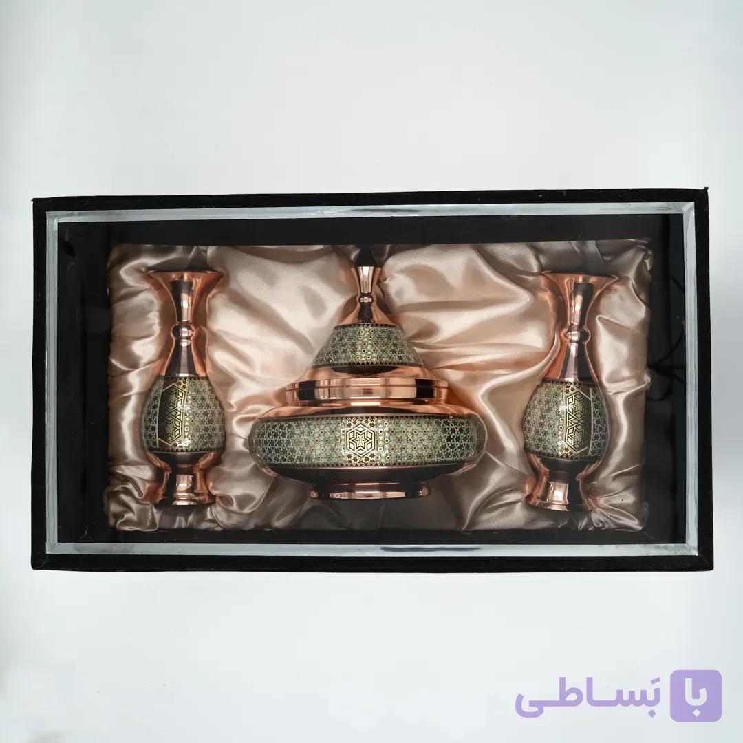 ست هدیه گلدان وشکلات خوری سفینه ایی مس و خاتم