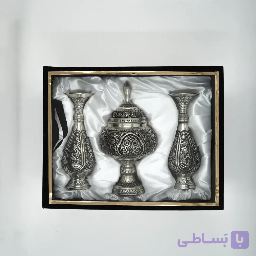 ست جفت گلدان و شکلات خوری قلم زنی
