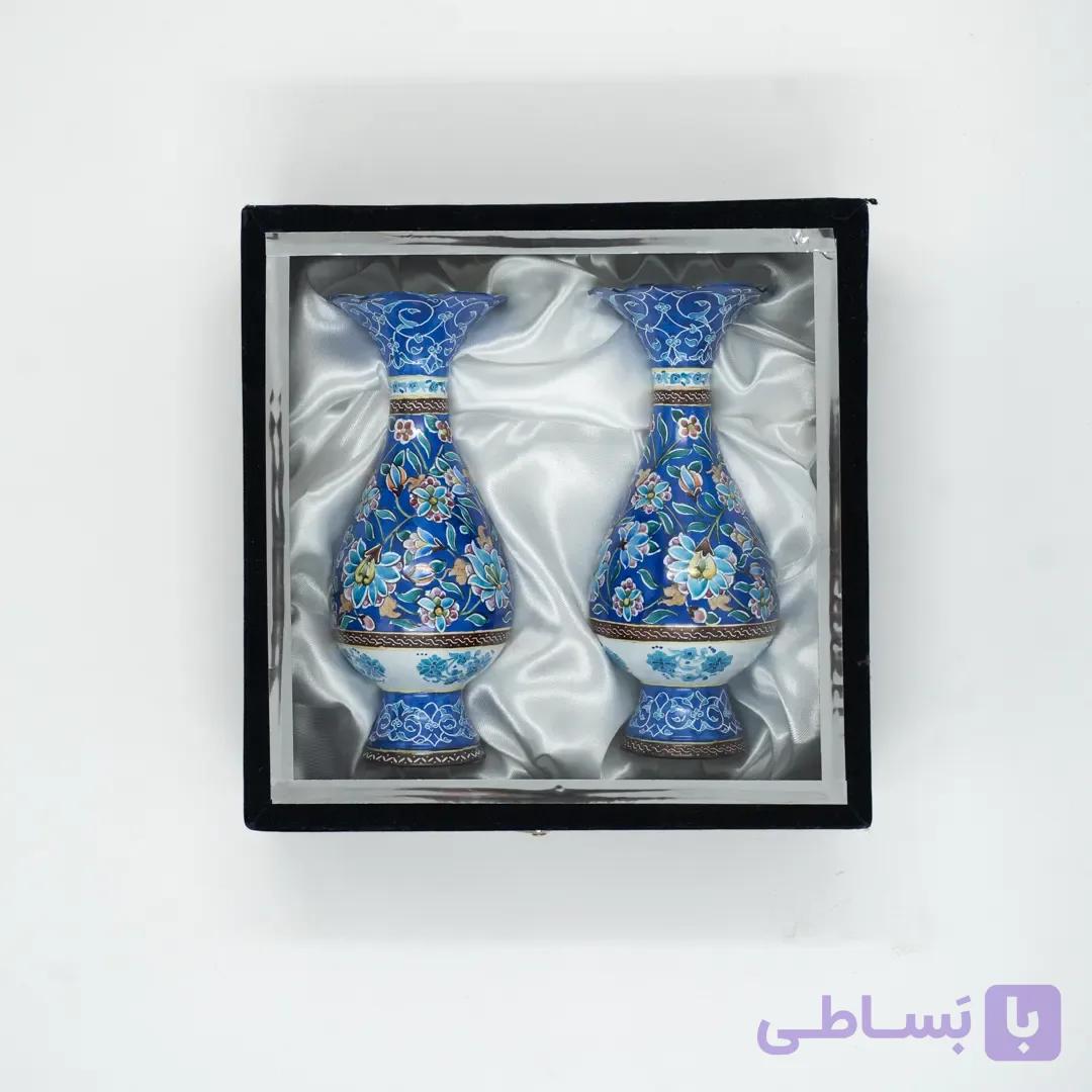 ست هدیه جفت گلدان میناکاری لاجوردی