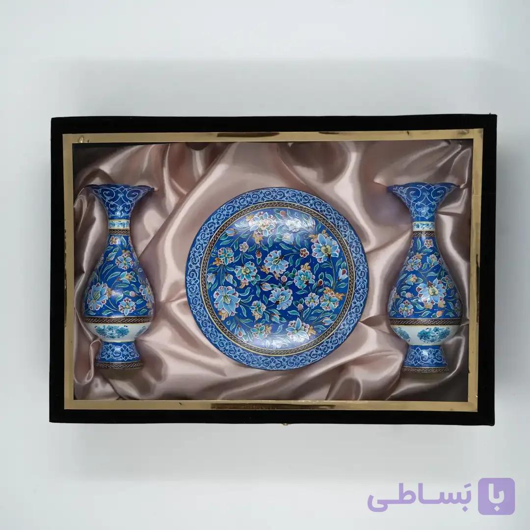 ست گلدان و بشقاب میناکاری لاجوردی